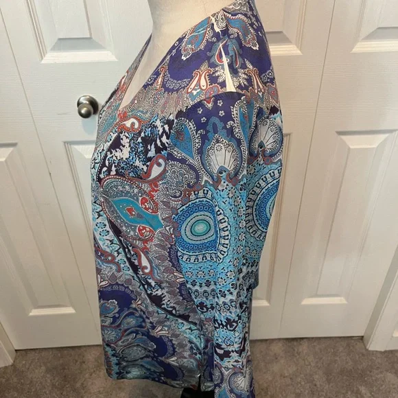Chicos Size M V-Neck Paisley Print Tunic Top - Blue - Picture 9 of 15